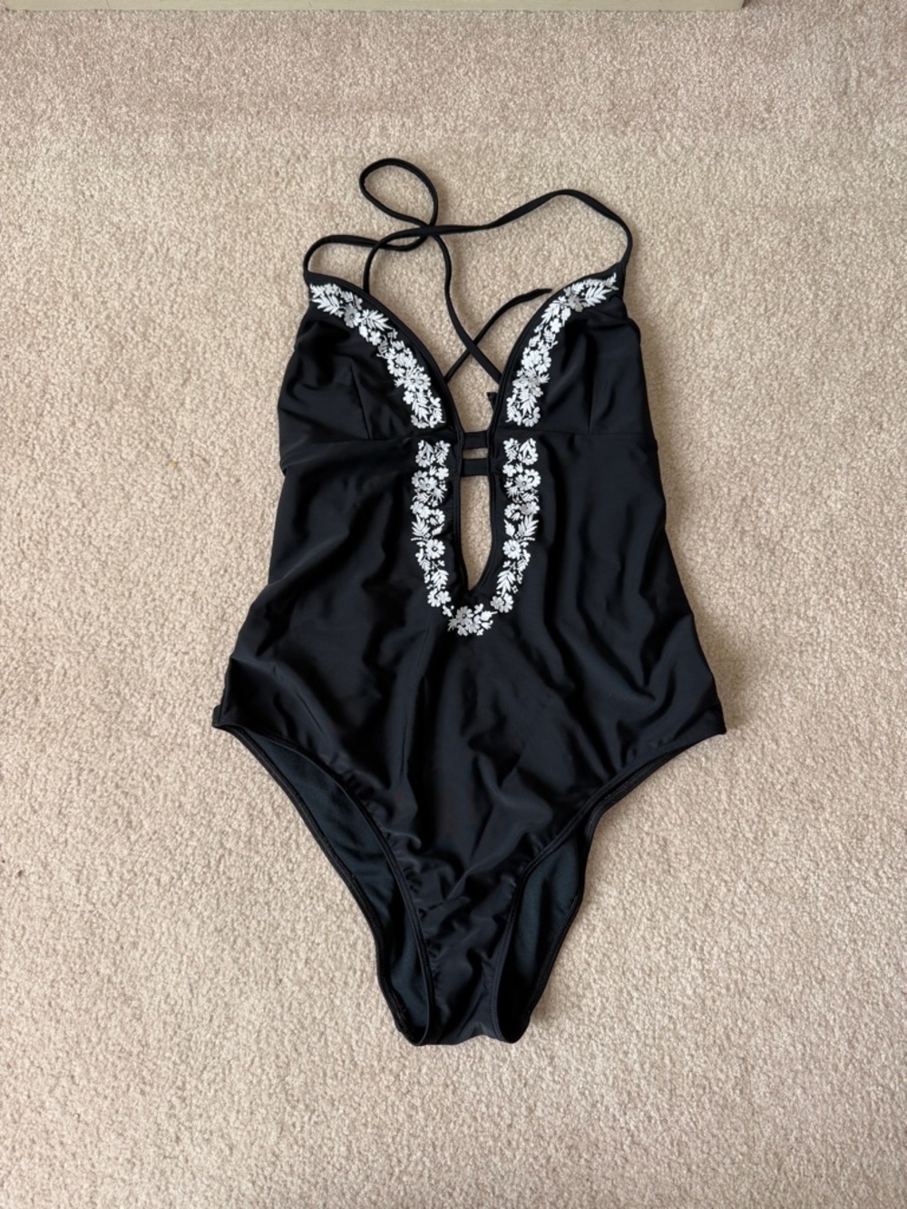 Abercrombie & Fitch Black One-Piece Swimsuit with White Floral Embroidery